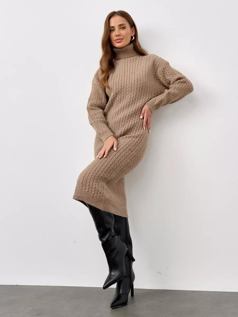 Turtleneck Cable-Knit Midi Sweater Dress in Camel — full-length view on model
