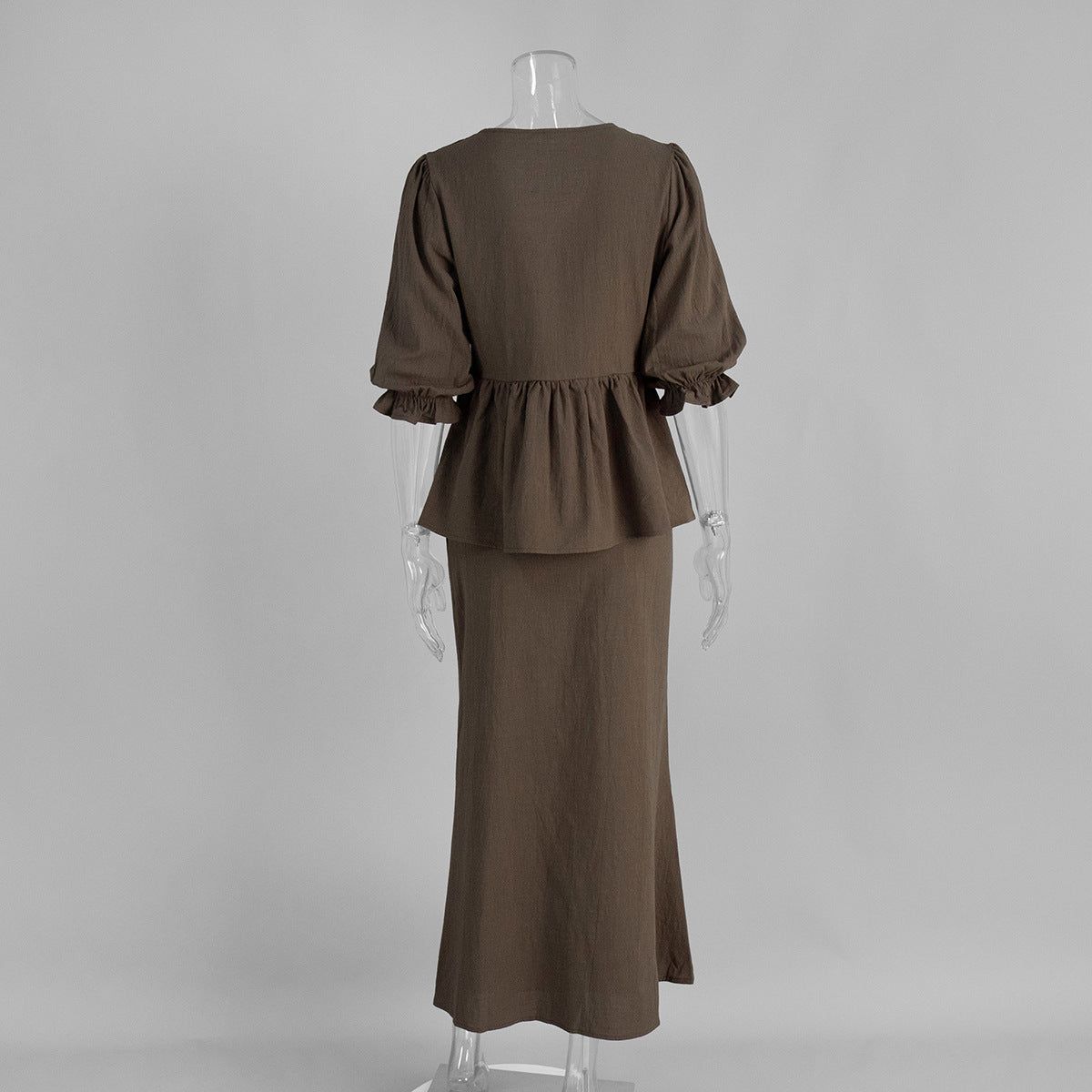 Tie-Front Puff-Sleeve Top & Maxi Skirt Set in Cocoa — three-quarter view on mannequin