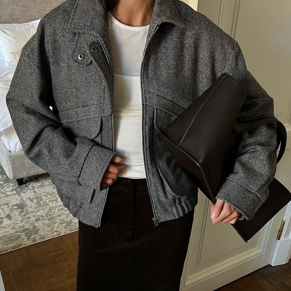 Herringbone Wool-Blend Cropped Jacket with Stand Collar in Charcoal Herringbone — on model