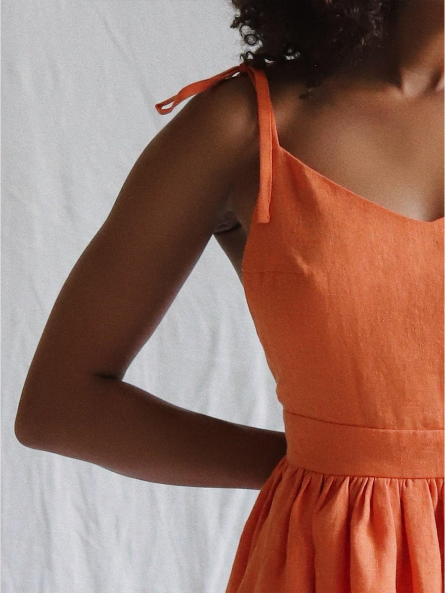 Tie-Shoulder Open-Back Cotton Mini Dress in Bright Orange — on model