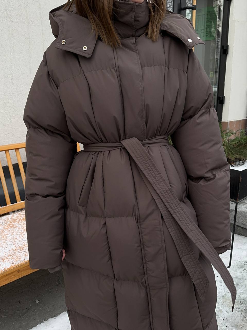 Long Hooded Puffer Coat with Tie Belt in Chocolate — belt and front detail