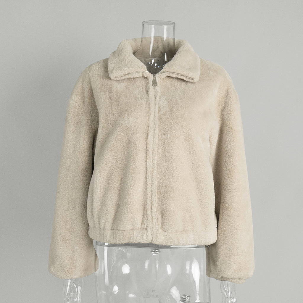 Plush Faux Fur Zip-Up Jacket with Stand Collar in Cream — front view with the collar folded down