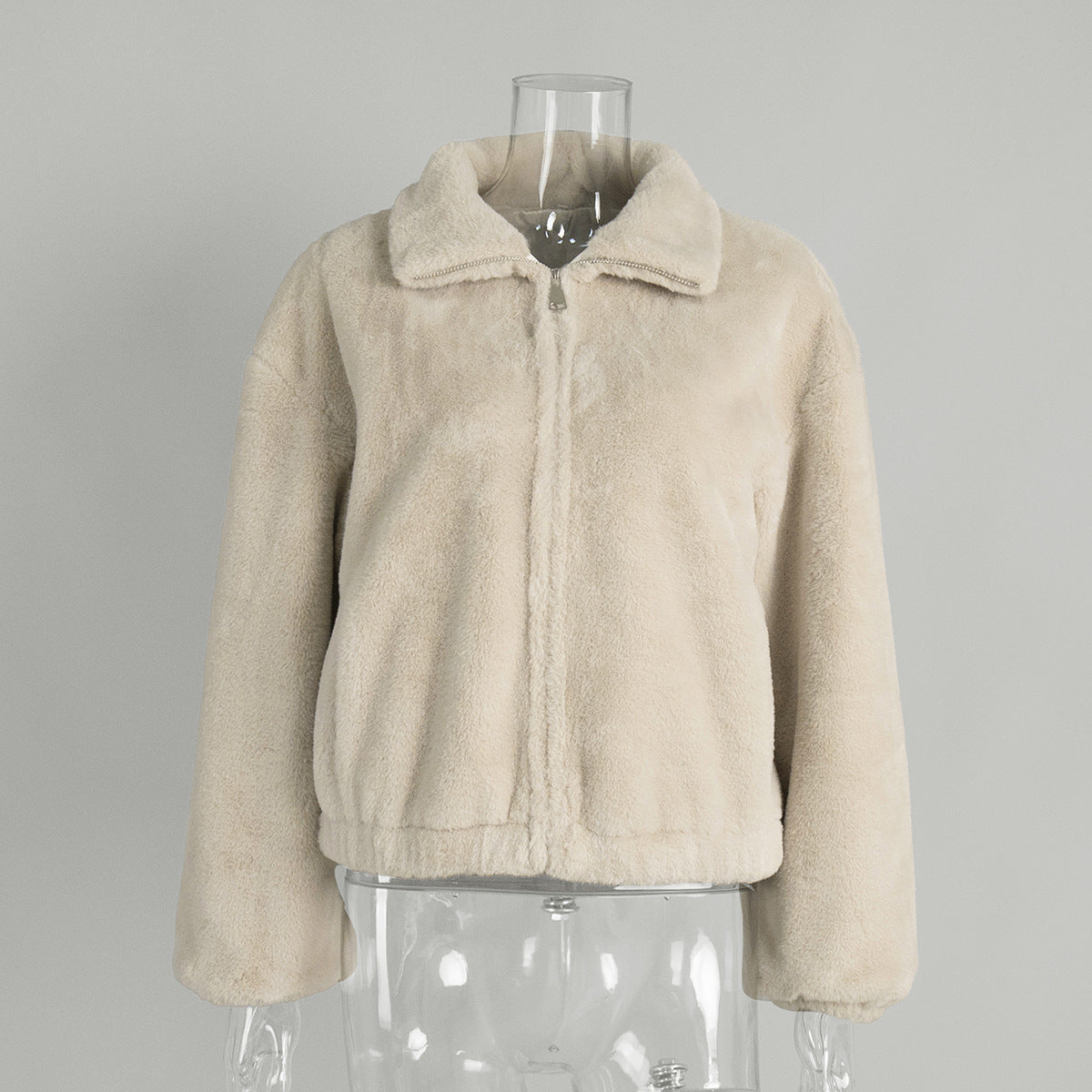 Plush Faux Fur Zip-Up Jacket with Stand Collar in Cream — front view with the collar folded down