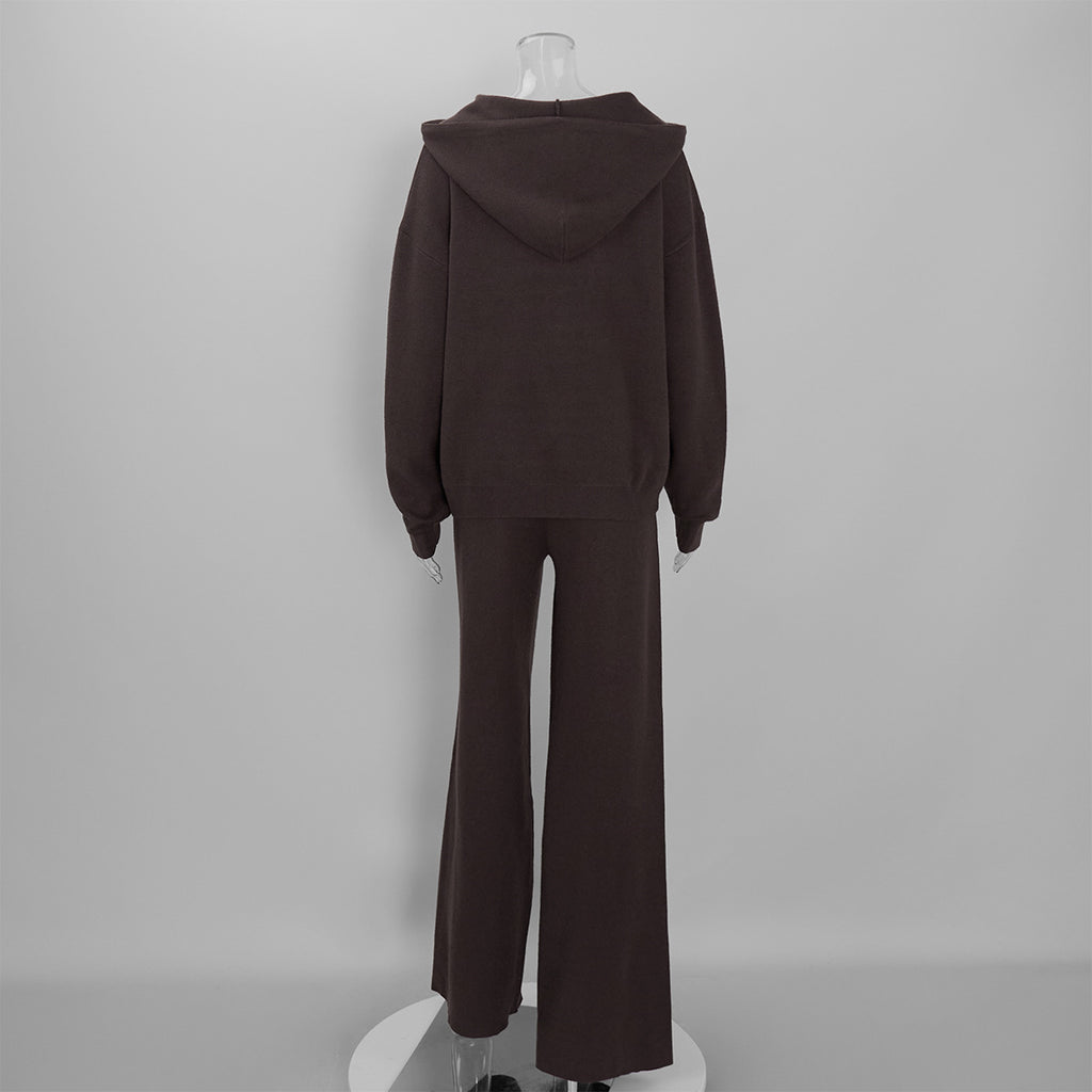 Oversized Hooded Zip-Up Knit & Drawstring Wide-Leg Pants Set in Chocolate — set back view