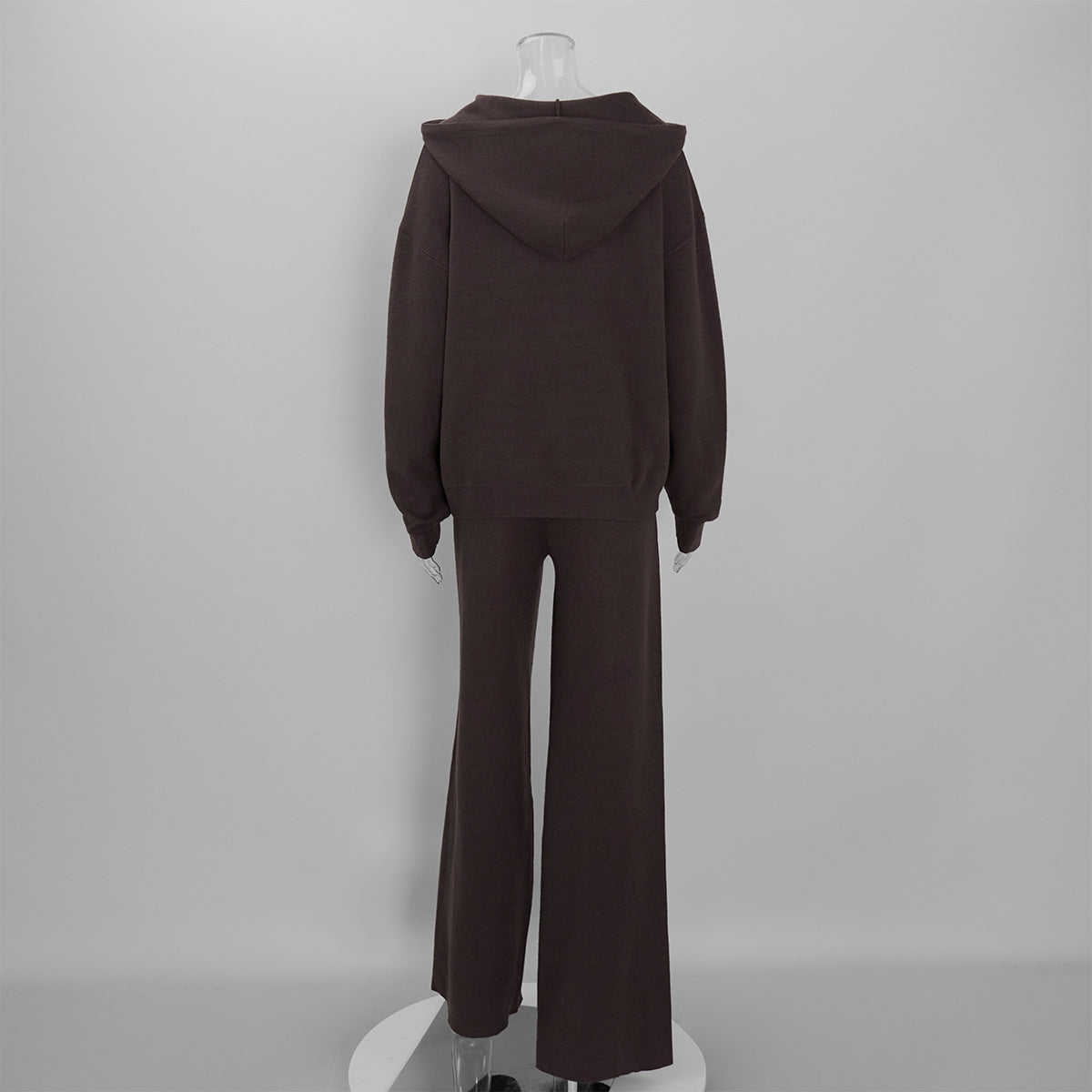 Oversized Hooded Zip-Up Knit & Drawstring Wide-Leg Pants Set in Chocolate — set back view