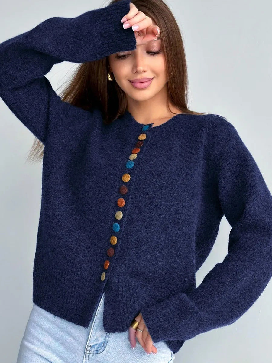 Crew-Neck Cardigan with Multicolor Buttons in Navy — front view on model