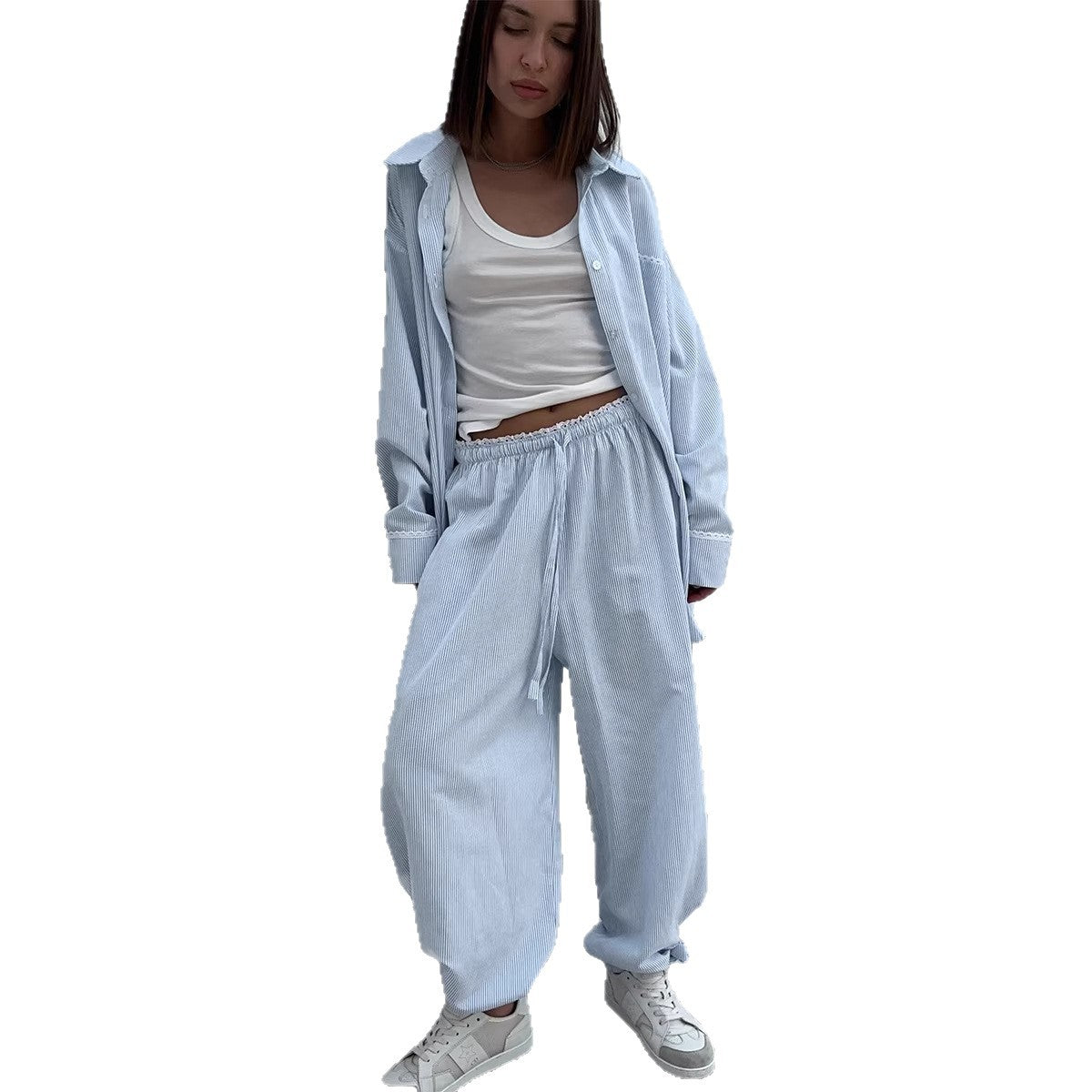 Pinstripe Cotton Shirt & Wide-Leg Pants Set in Light Blue — front cutout view