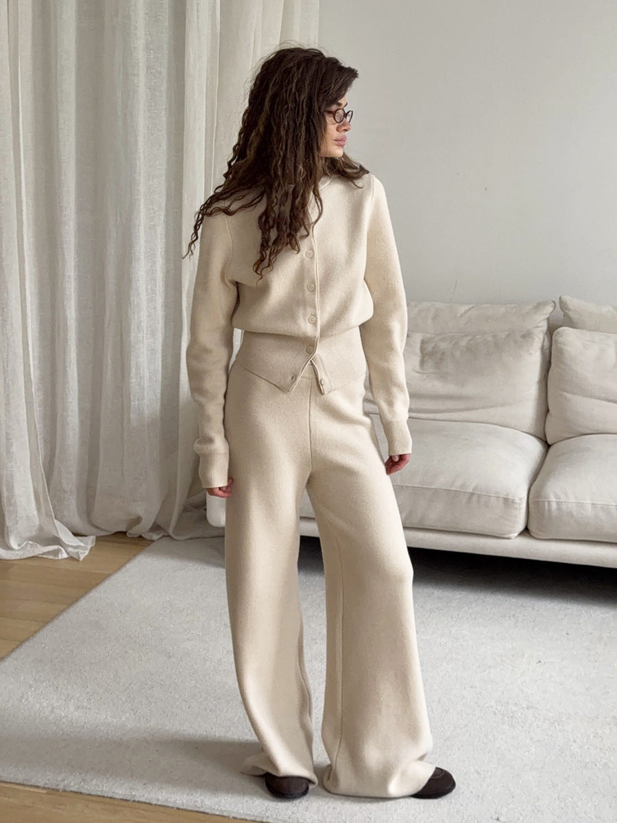 Crew Neck Button Cardigan & Straight-Leg Knit Pants Set in Oat — full-length front view on model