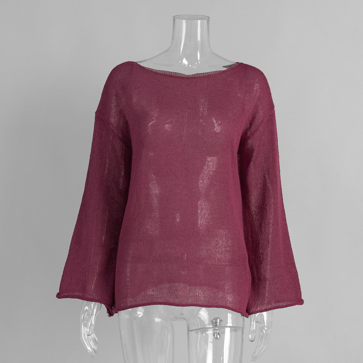 Sheer Open-Knit Bell Sleeve Sweater in Burgundy — front view