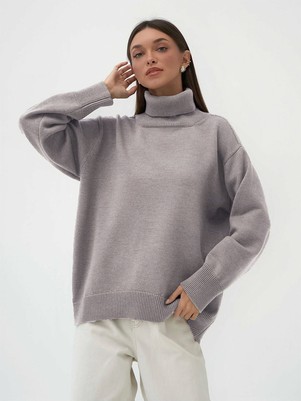 Oversized Knit Turtleneck Sweater in Mushroom — on model
