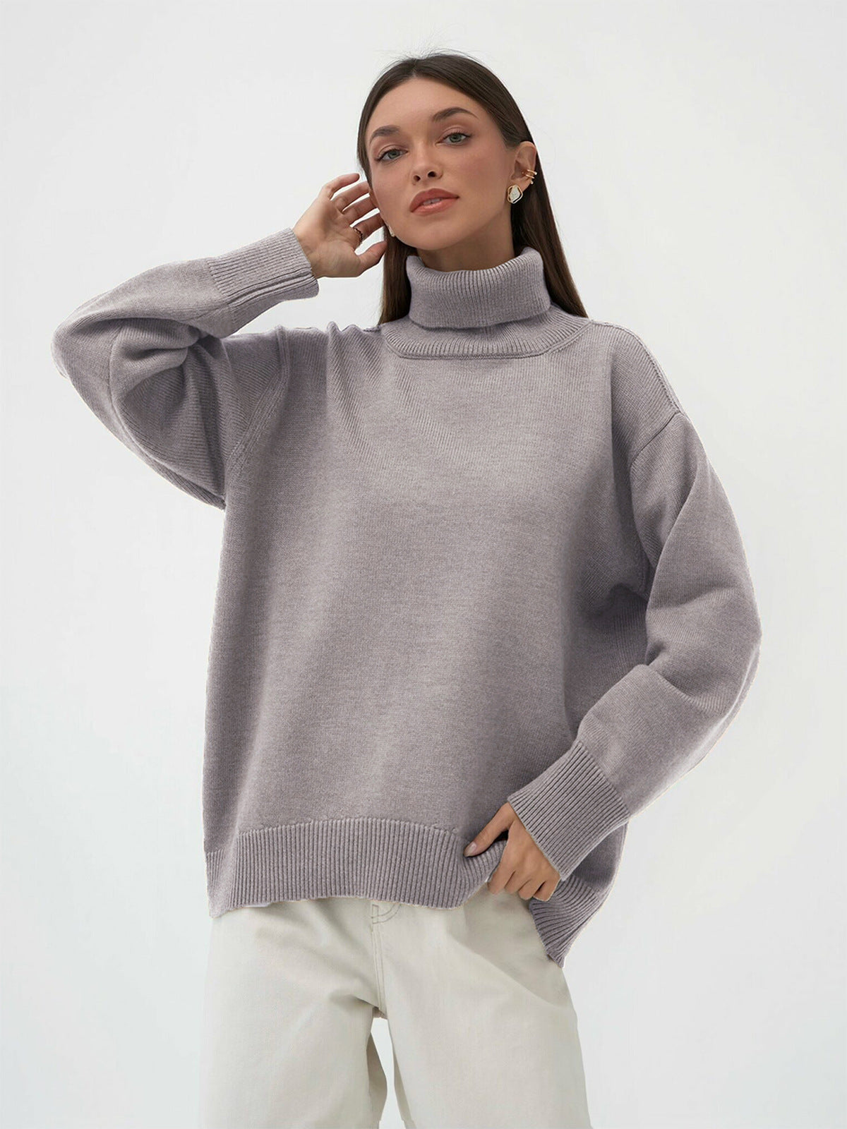 Oversized Knit Turtleneck Sweater in Mushroom — on model