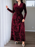 Plus-Size Floral Velvet Maxi Dress with Twist Waist in Wine — full-length front view on model