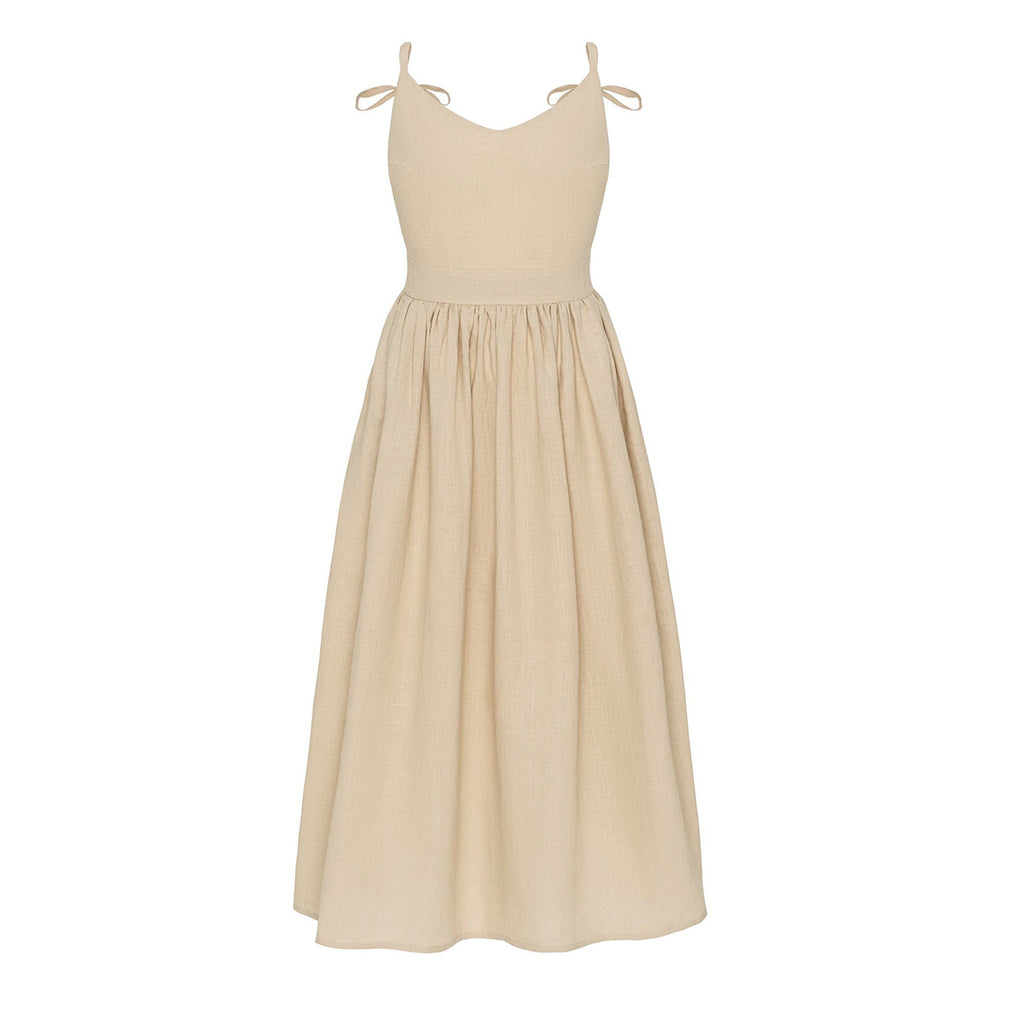 Tie-Shoulder Open-Back Cotton Maxi Dress in Apricot — front view on mannequin