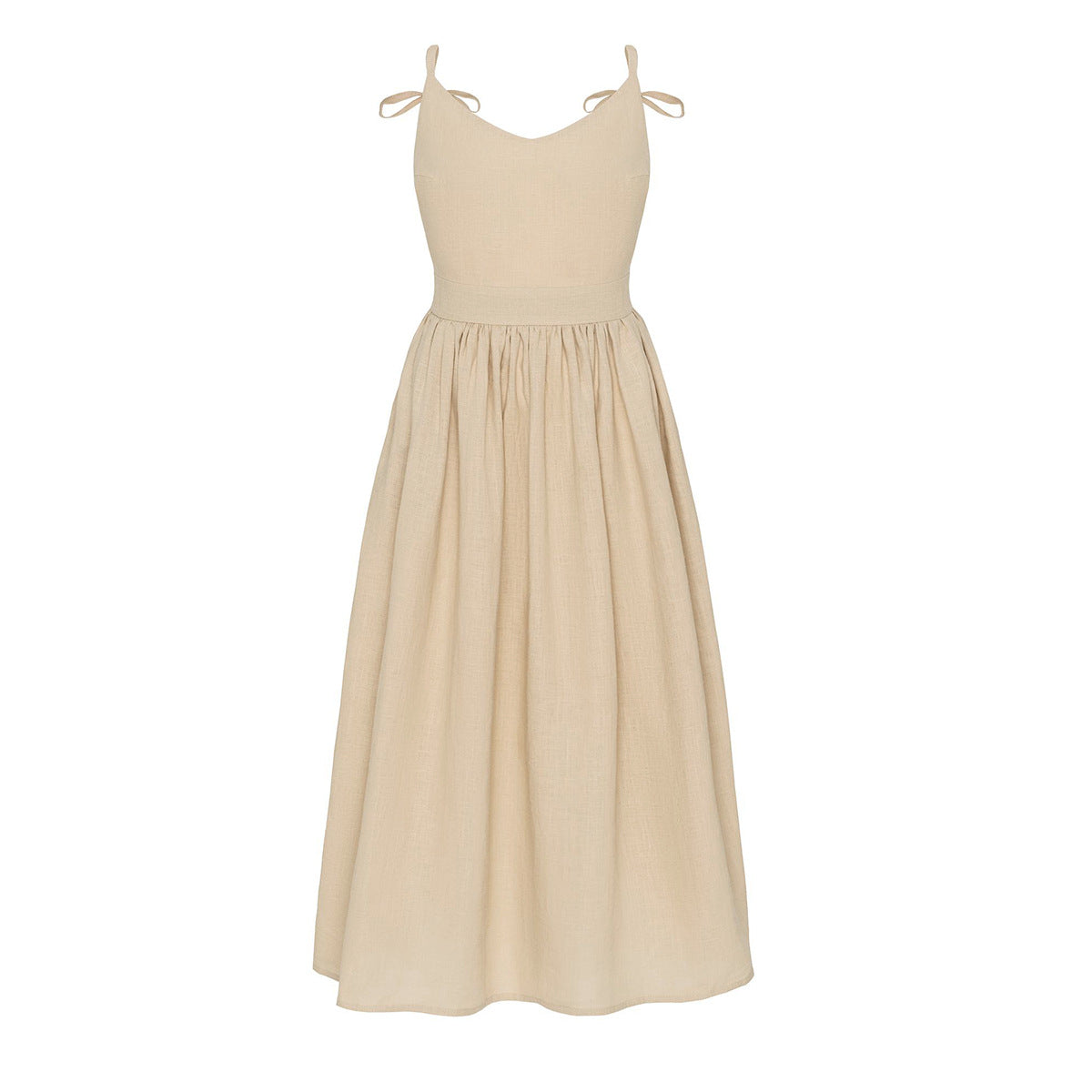 Tie-Shoulder Open-Back Cotton Maxi Dress in Apricot — front view on mannequin