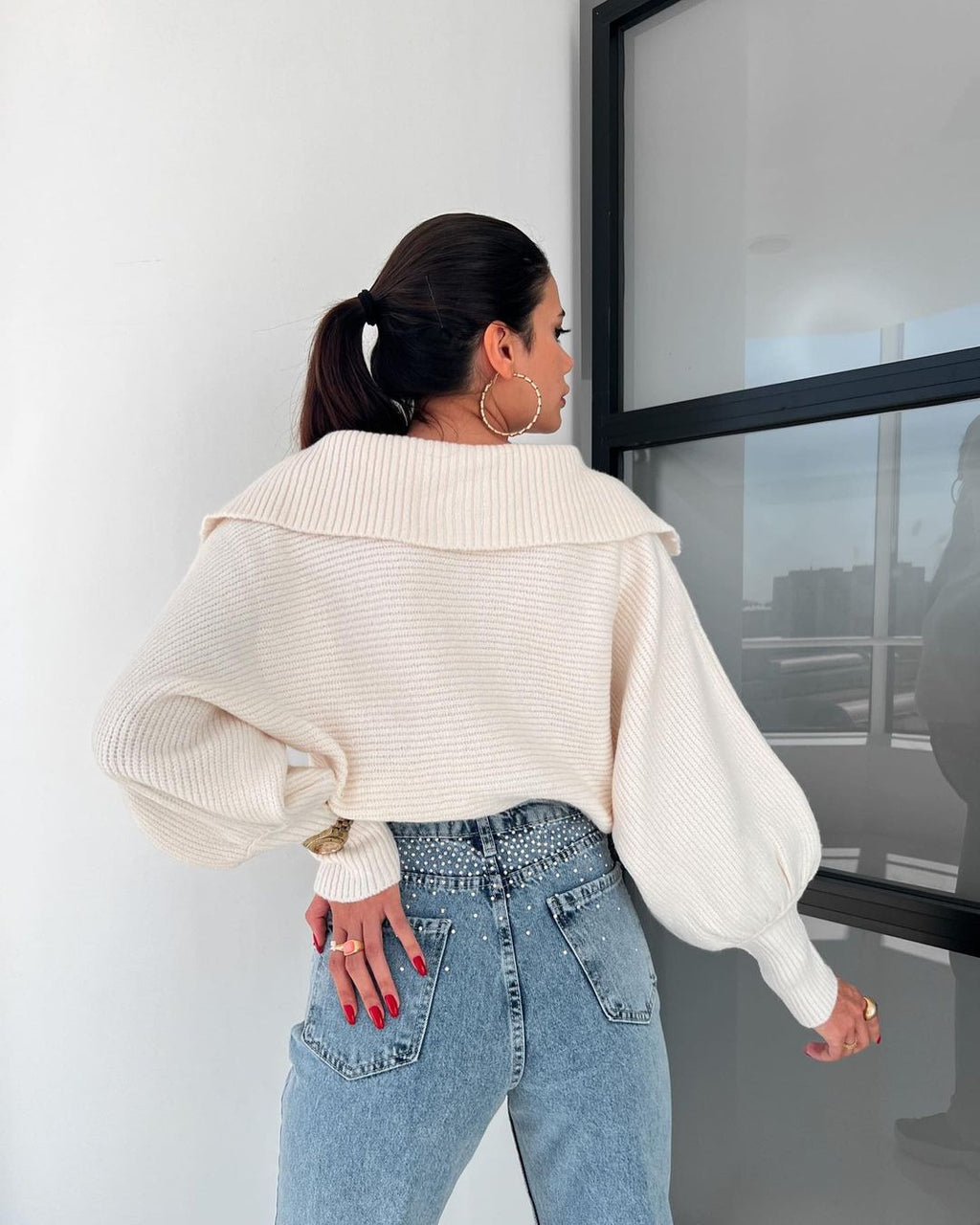 Open-Collar Balloon-Sleeve Cropped Knit Sweater in Ivory — back view on model