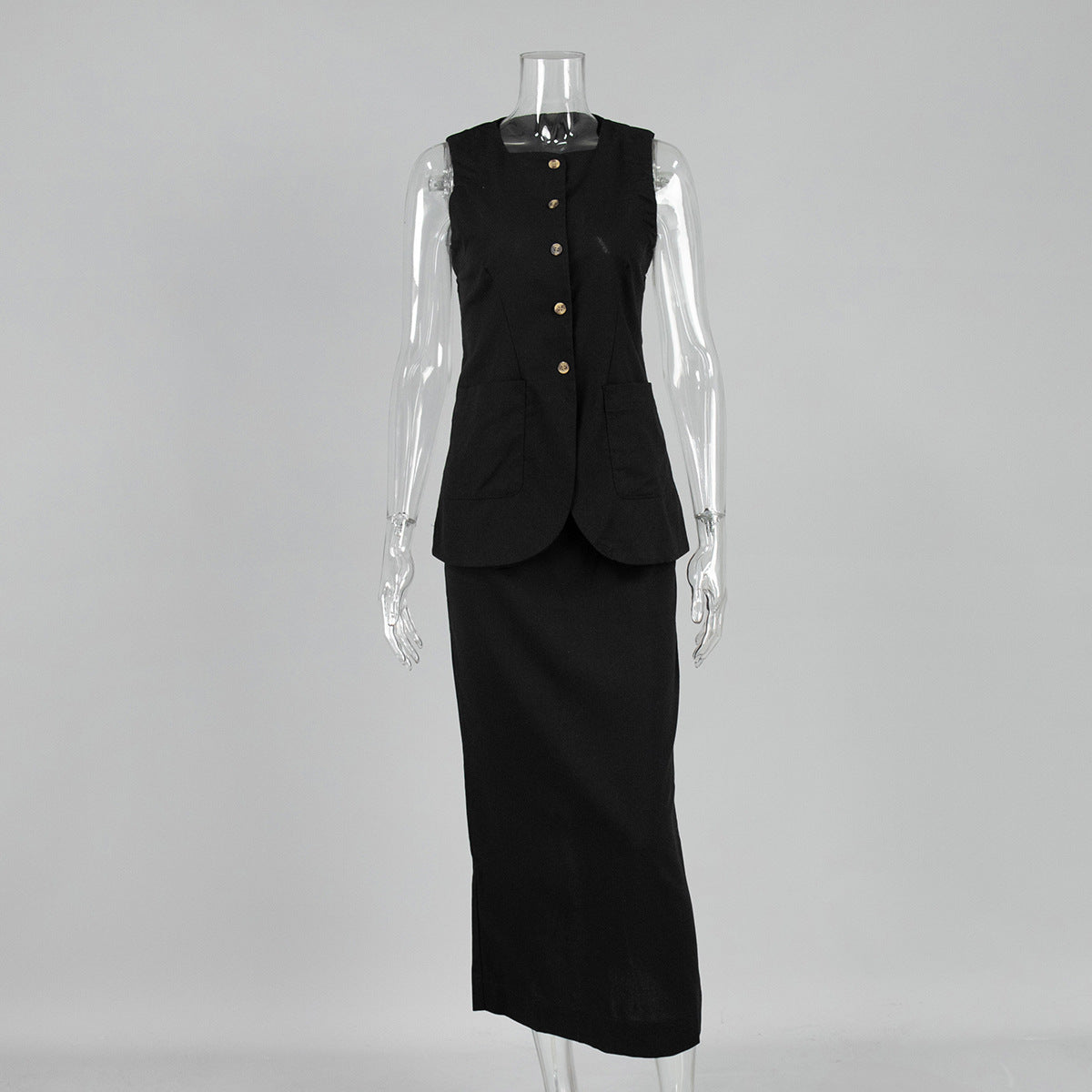 Linen-Blend Vest & Column Maxi Skirt Set in Black — front view on mannequin