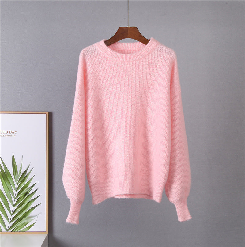 Relaxed Balloon Sleeve Ribbed Sweater in Blush — front view on hanger