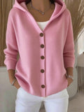 Soft Hooded Button-Front Knit Cardigan in Pink — front view on model