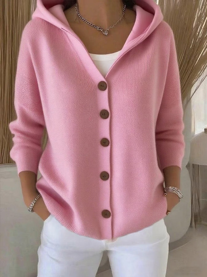 Soft Hooded Button-Front Knit Cardigan in Pink — front view on model