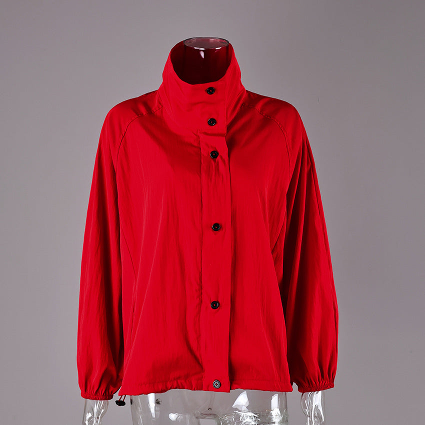Button-Placket Stand-Collar Jacket with Elastic Cuffs in Red — front view on mannequin