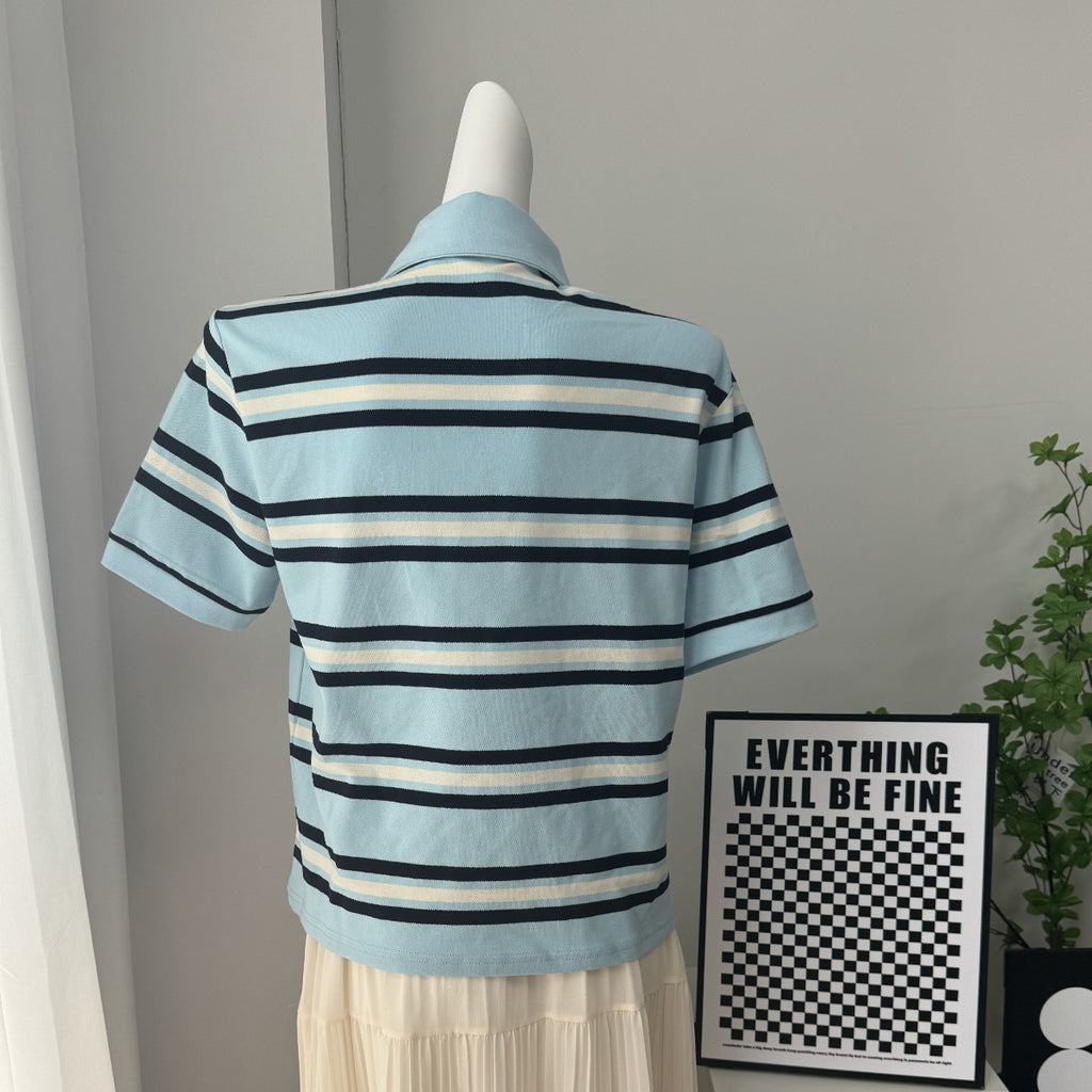 Contrast Stripe Cotton Polo Shirt in Blue Stripe — back view on mannequin
