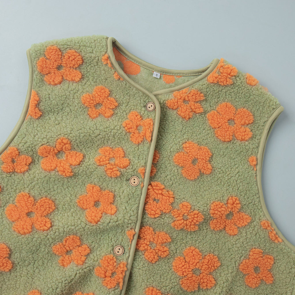 Floral Sherpa Fleece Button Vest with Pockets in Sage & Orange Floral — close-up of the neckline and buttons