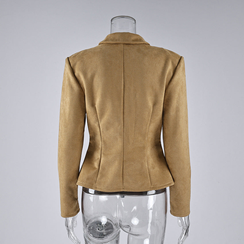 Fitted Faux Suede Zip Jacket with Peplum Hem in Camel — back view on mannequin