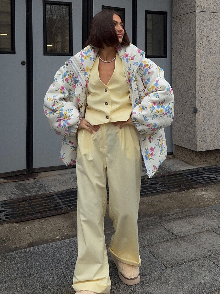 Floral Print Puffer Jacket with Stand Collar in Cream Floral — worn off the shoulders