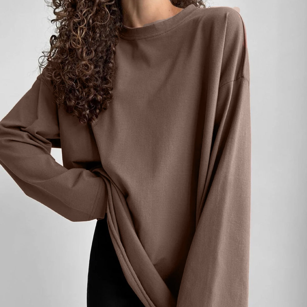 Roomy Longline Cotton Long Sleeve Tee in Coffee — front view on model or garment