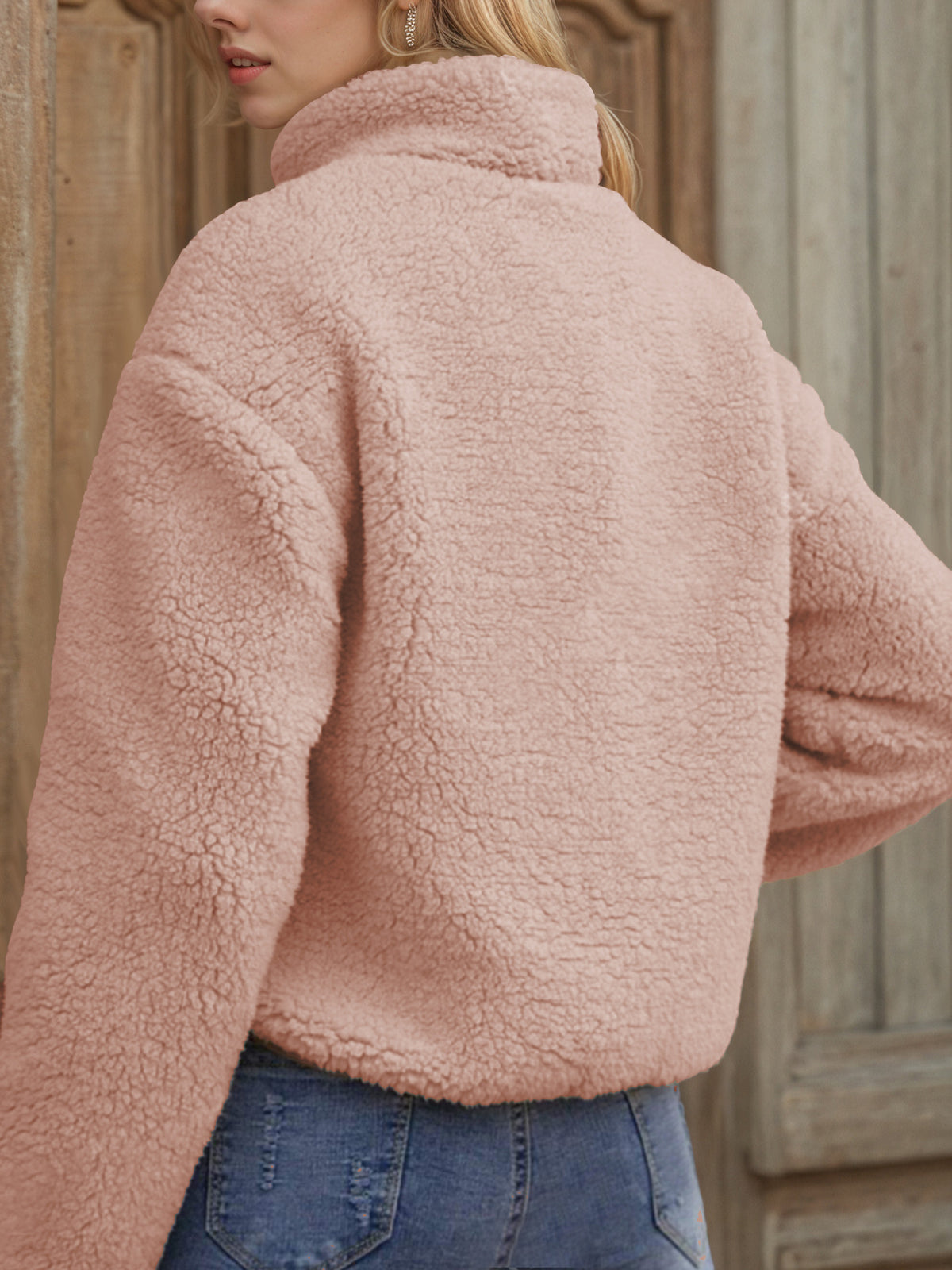 Teddy Fleece Zip-Up Jacket with Contrast Pockets in Blush — back view on model