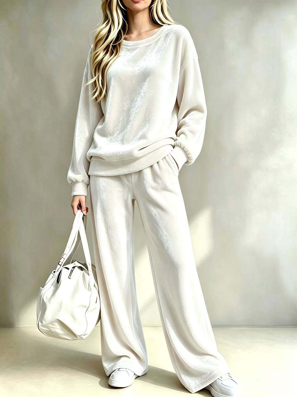 Velvet Pullover & Wide-Leg Pants Set in Ivory — full-length view on model