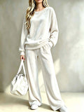 Velvet Pullover & Wide-Leg Pants Set in Ivory — full-length view on model