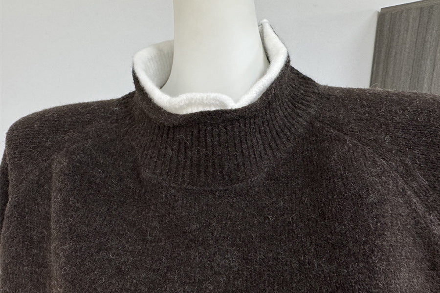 Oversized Wool-Blend Sweater & Wide-Leg Knit Pants Set with Contrast Trim in Espresso — close-up of the contrast neckline