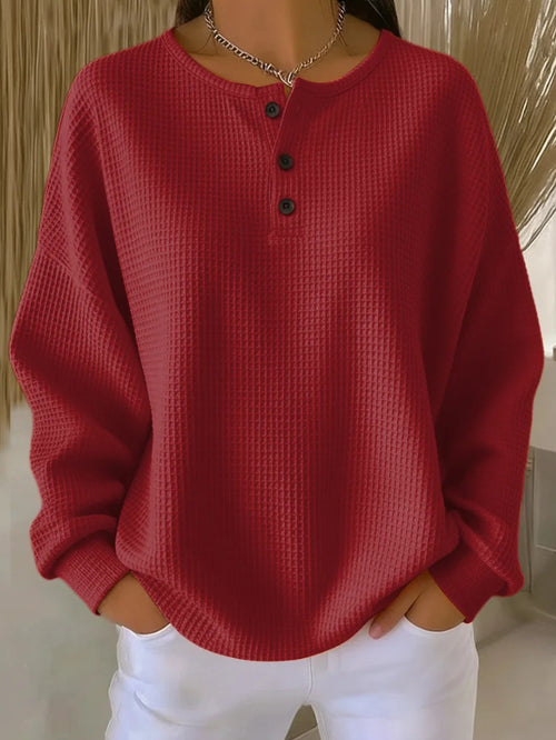 Waffle-Knit Henley Long-Sleeve Top in Burgundy — front view on model