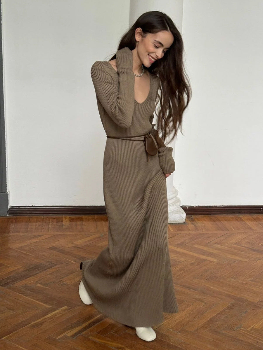 Ribbed Knit V-Neck Long Sleeve Maxi Dress in Taupe — full length on model