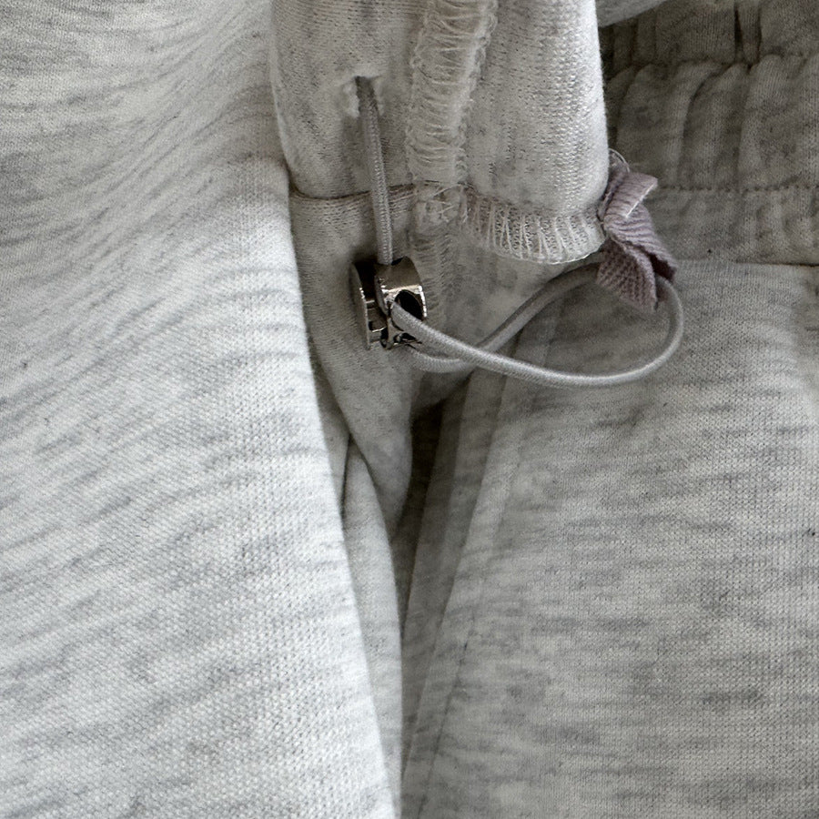 Polo Collar Sweatshirt & Drawstring Wide-Leg Pants Set in Light Gray — close-up of the drawstring hem