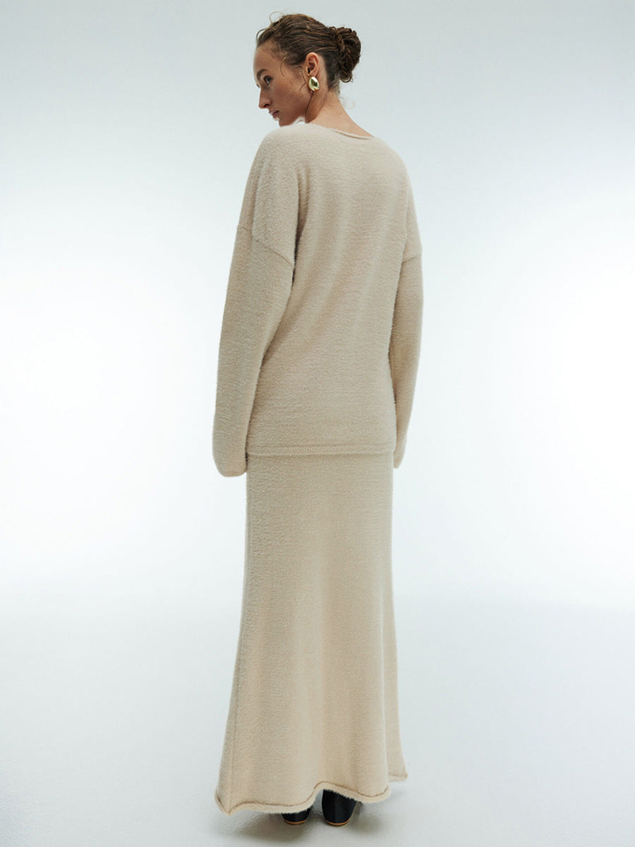 Soft Fuzzy V-Neck Sweater & Knit Maxi Skirt Set in Oat — back view on model
