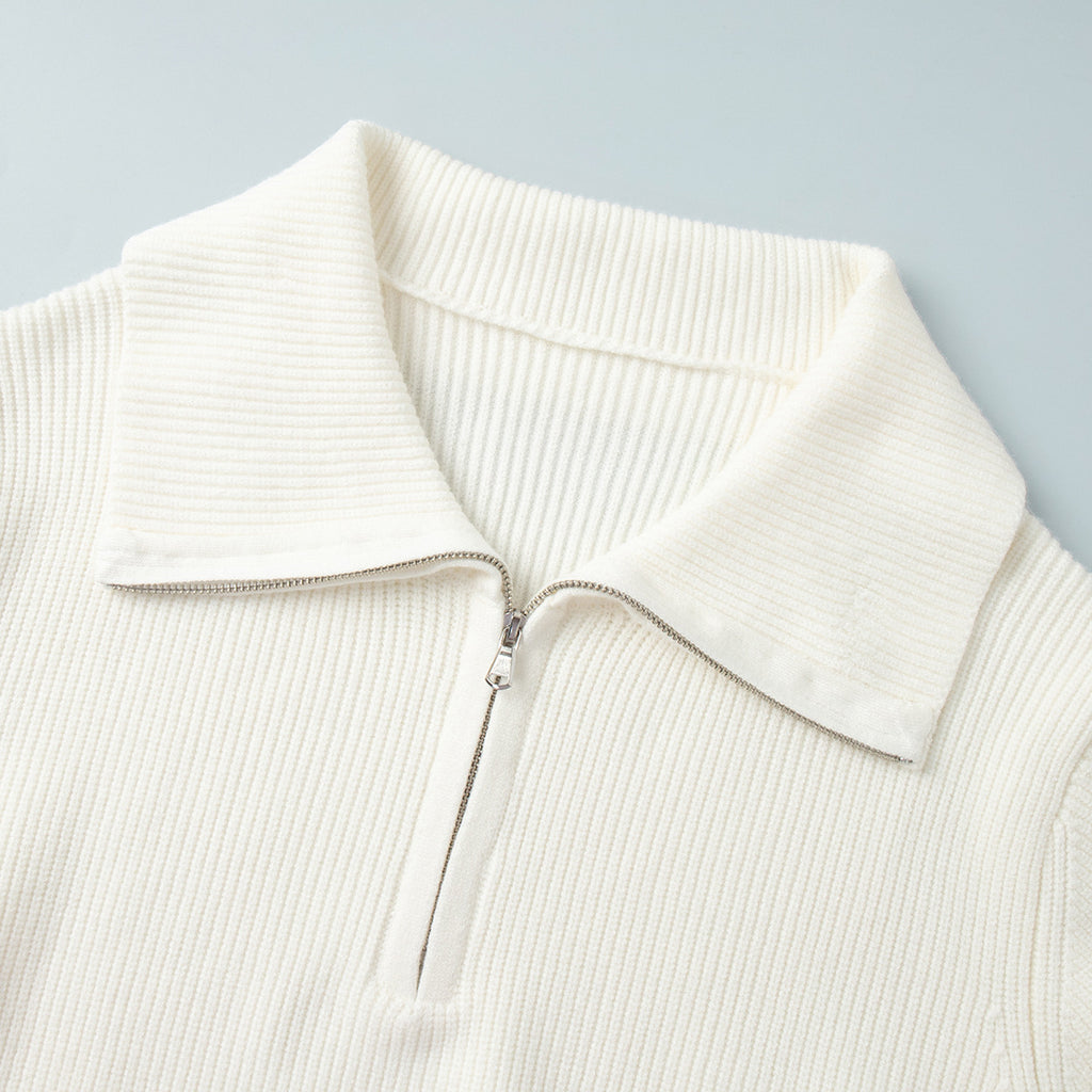 Half-Zip Polo Knit Sweater & Wide-Leg Pants Set in Ivory — close-up of the half-zip polo collar