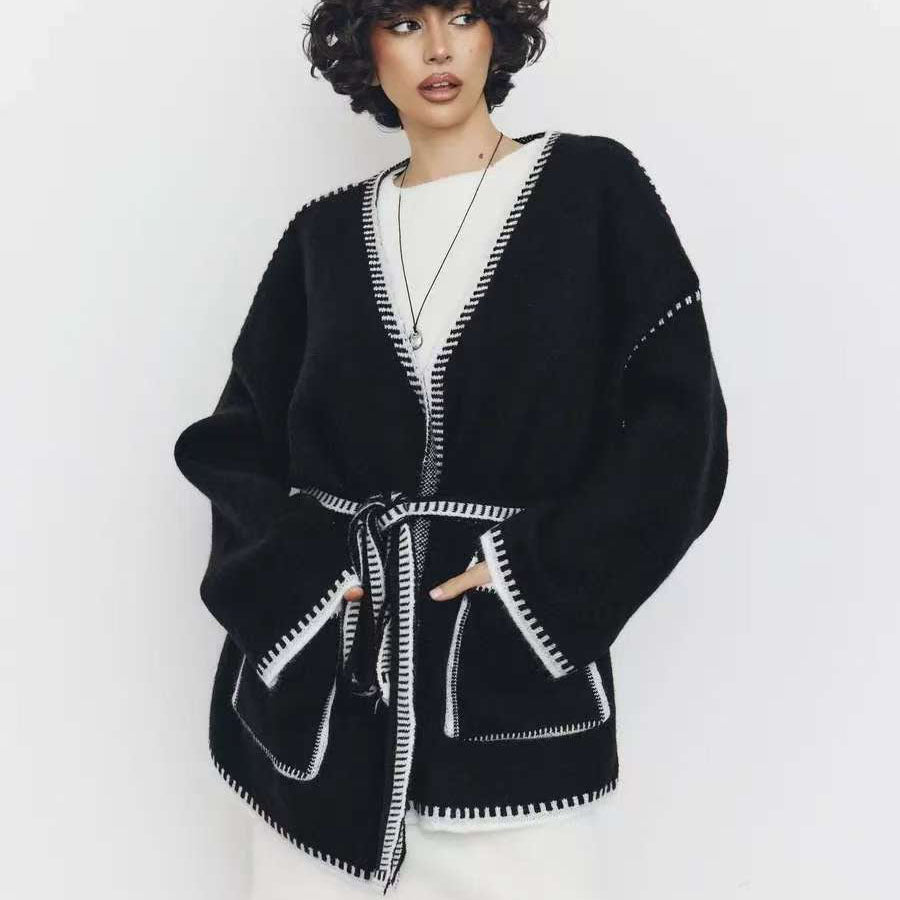 Contrast-Stitch Belted Cardigan in Black — front view on model