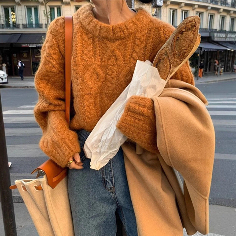 Chunky Cable-Knit Crew-Neck Sweater in Burnt Orange — on model