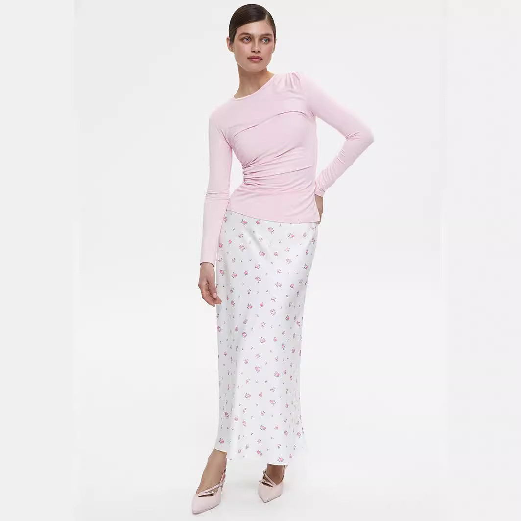 Floral Satin Maxi Skirt in White Floral — front view on model with pink top