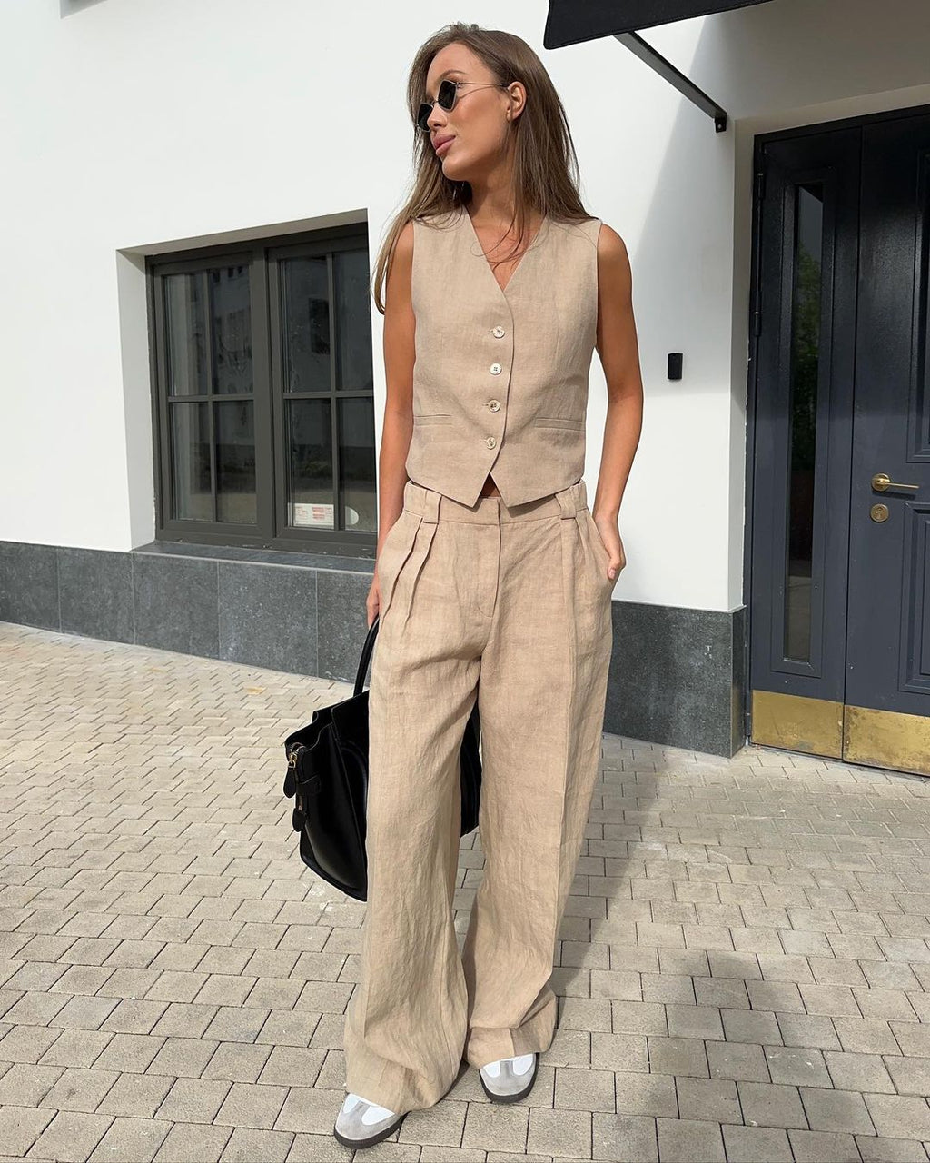 Linen-Blend Vest & Wide-Leg Pants Set in Khaki — front view outdoors
