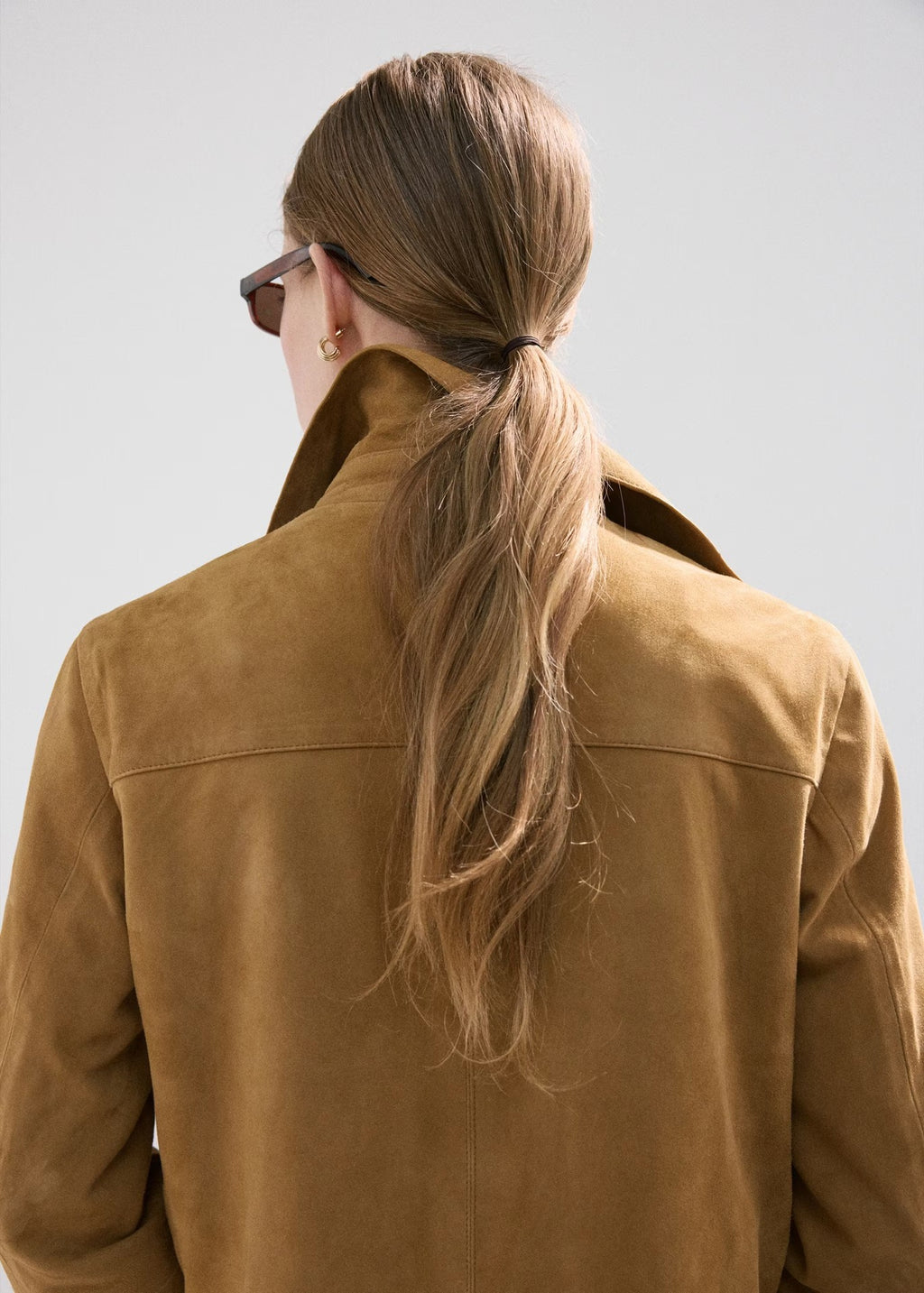 Cropped Faux Suede Jacket with Patch Pockets in Camel — back view on model