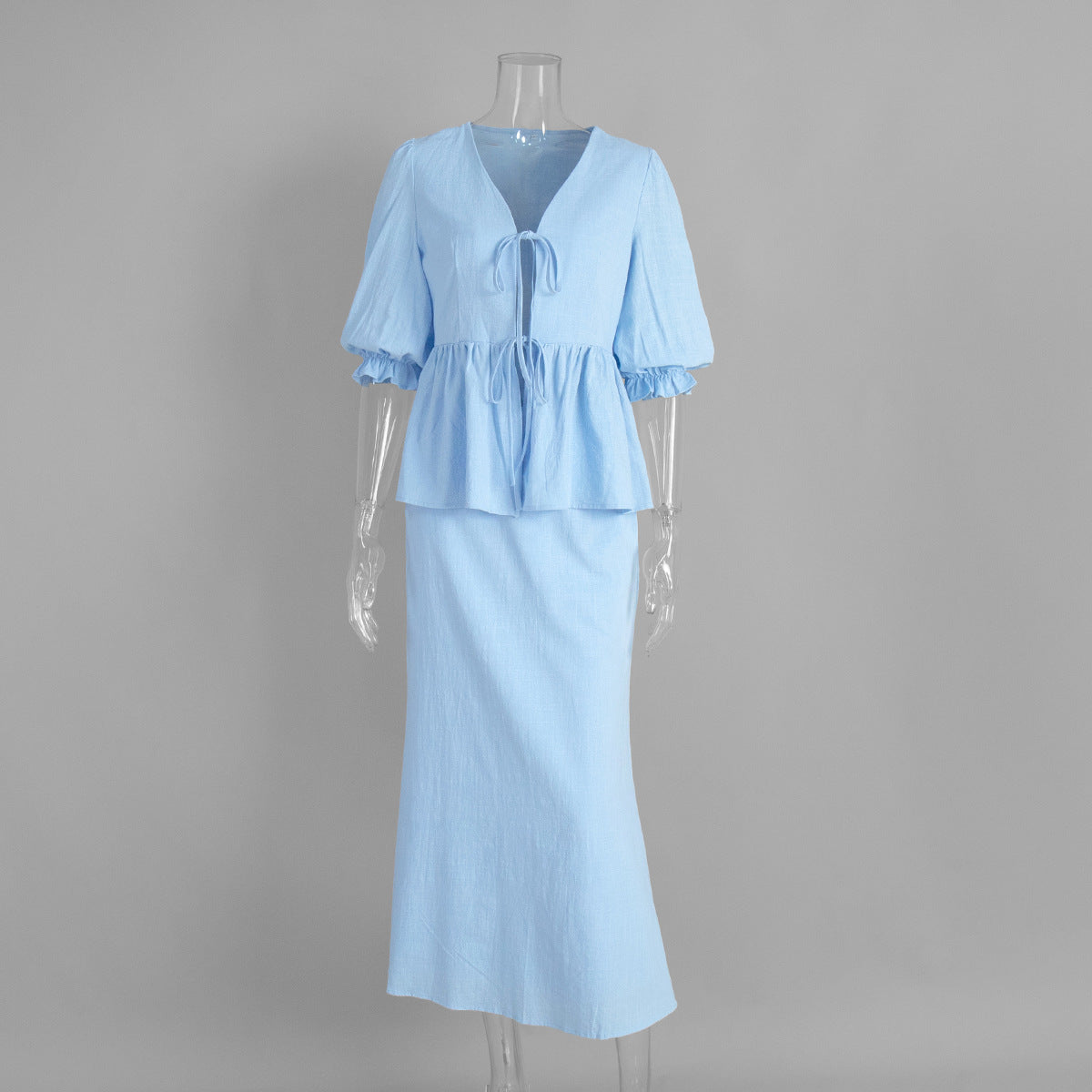 Tie-Front Puff-Sleeve Top & Maxi Skirt Set in Light Blue — front view on mannequin