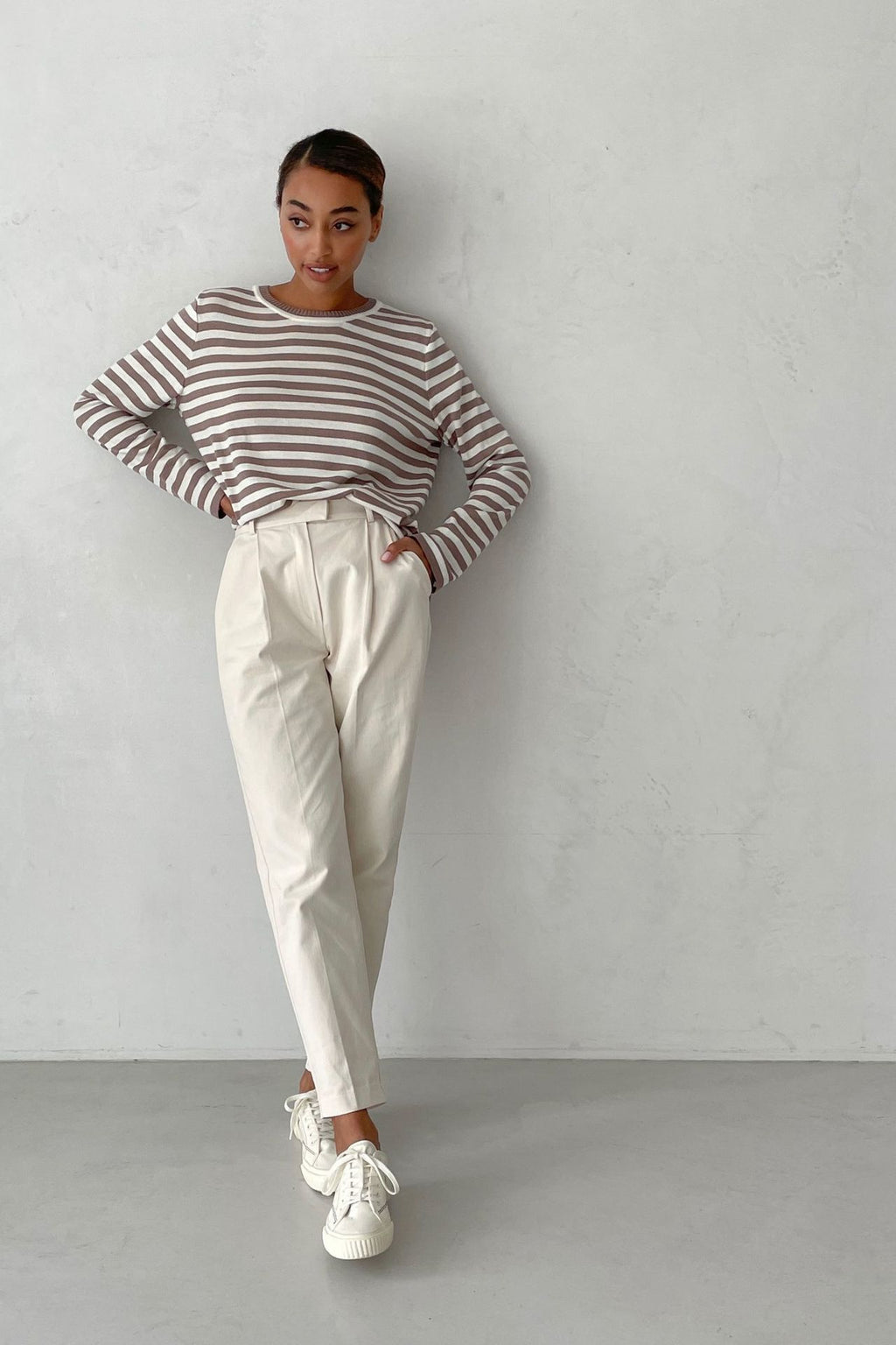 Relaxed Striped Crew Neck Sweater in Mocha Stripe — full-length view on model
