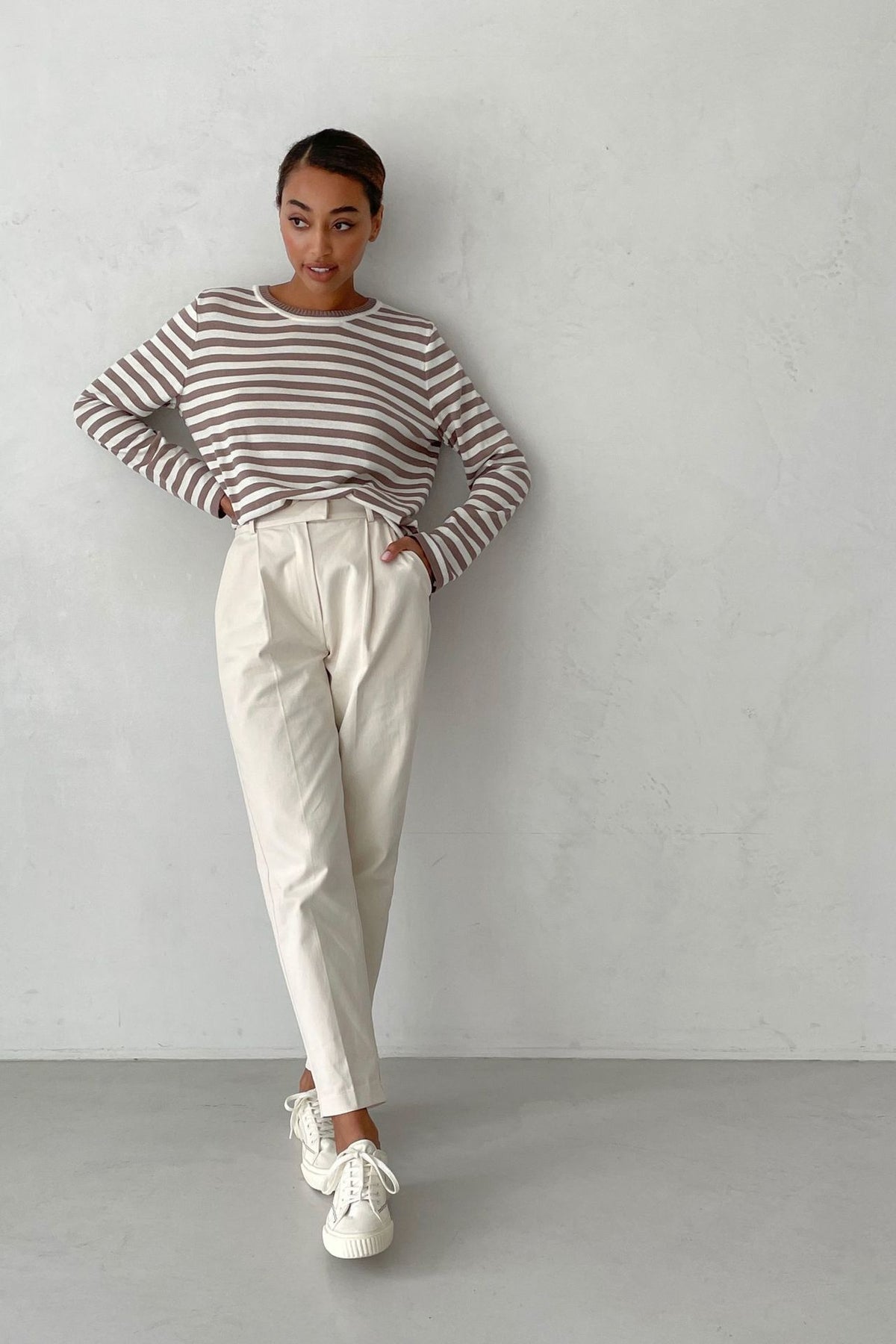 Relaxed Striped Crew Neck Sweater in Mocha Stripe — full-length view on model