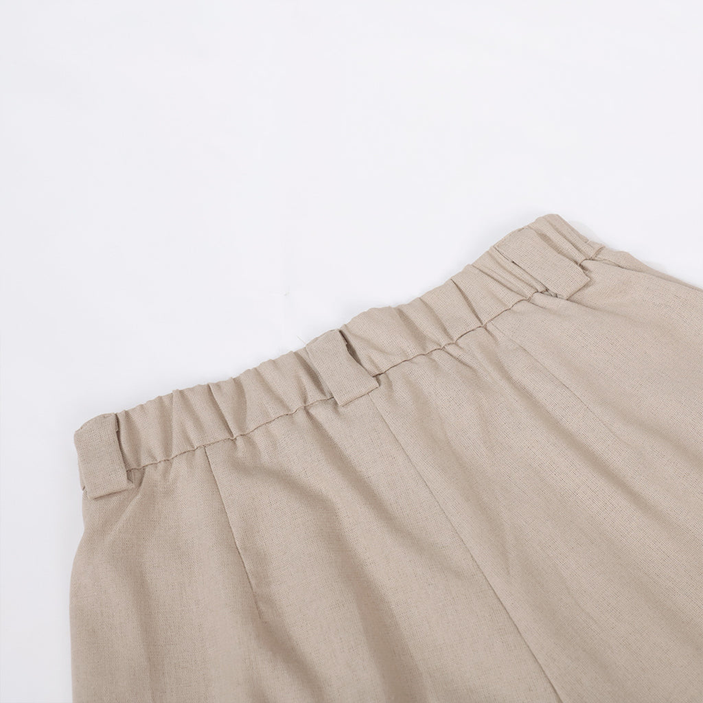 Linen-Blend Vest & Wide-Leg Pants Set in Khaki — close-up of elastic back waistband