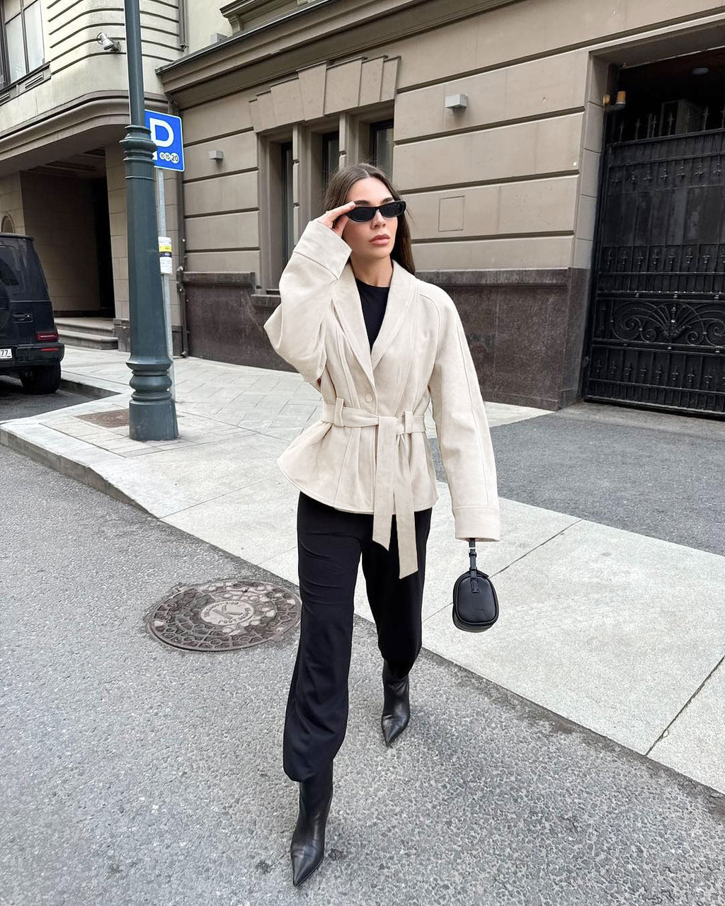 Belted Faux Suede Jacket with Shawl Collar in Ivory — full-length view on model