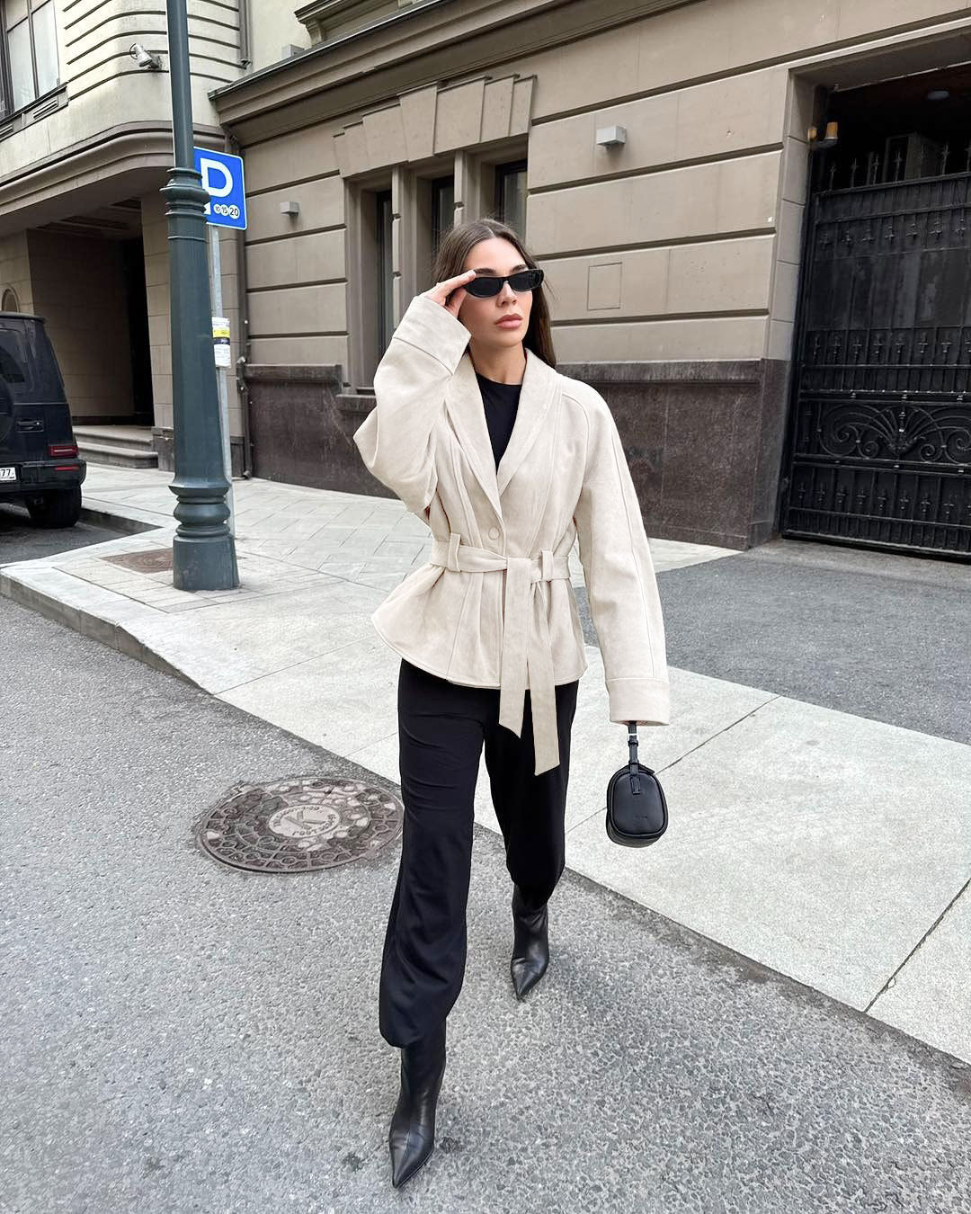 Belted Faux Suede Jacket with Shawl Collar in Ivory — full-length view on model