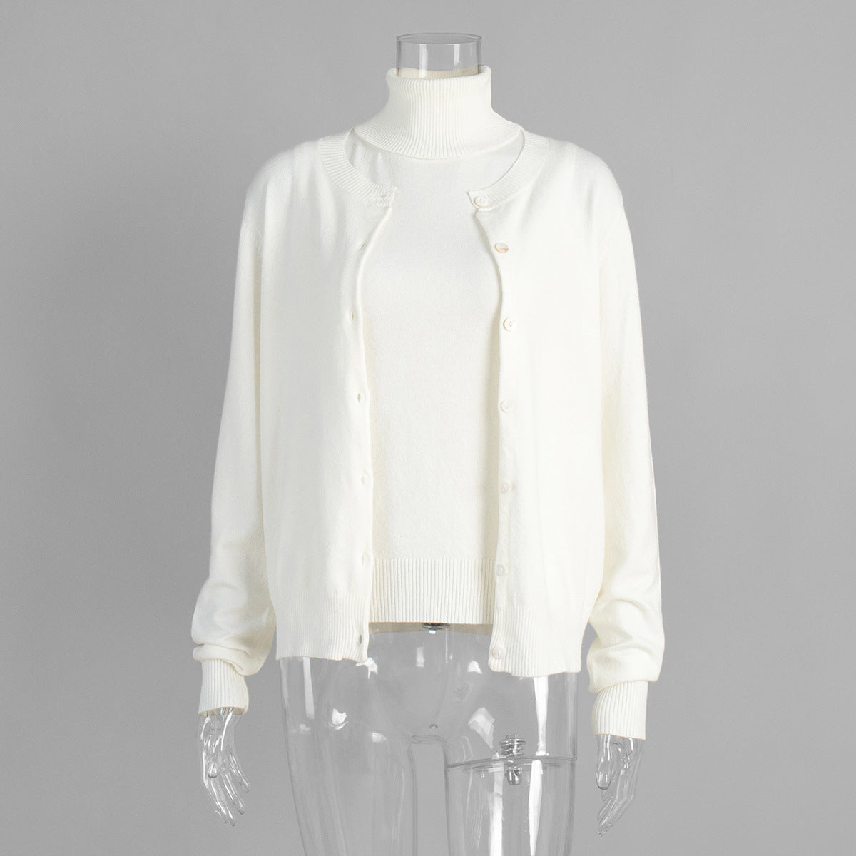 Sleeveless Turtleneck Knit Top & Cardigan Twin Set in Ivory (Set (Top + Cardigan)) — front view
